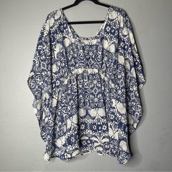 Pure Sugar Blue Printed Lace Up Neckline Dolman Blouse Top - Picture 2 of 5